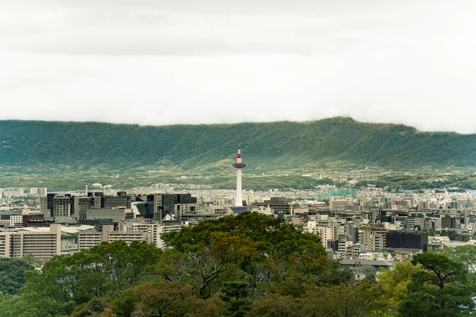 City spread out below a forested ridge, tower at its centre